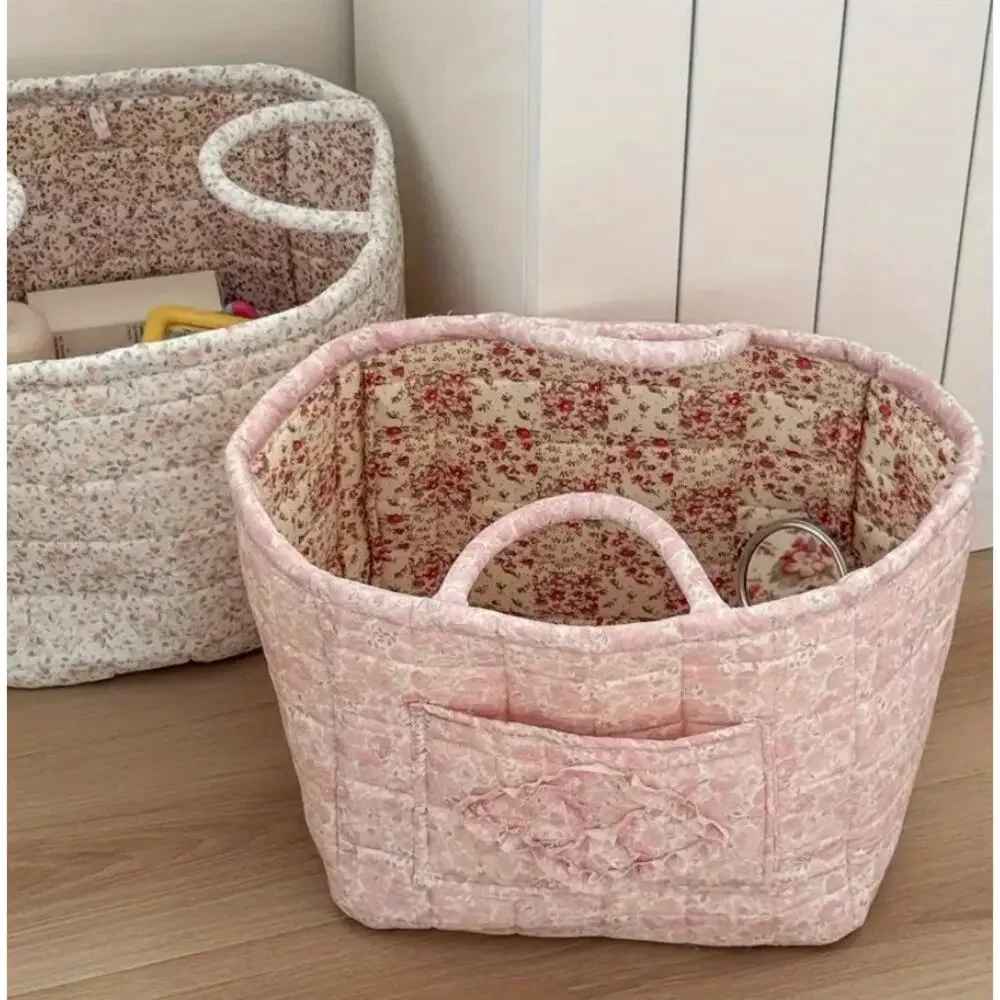 Quilted Yarn Toy Storage Basket with Handle - Pink (Don't accept offers)